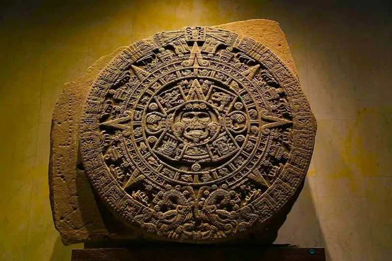 Ancient stone Maya carvings on display inside one of the most famous museums in Mexico City, the Anthropology Museum