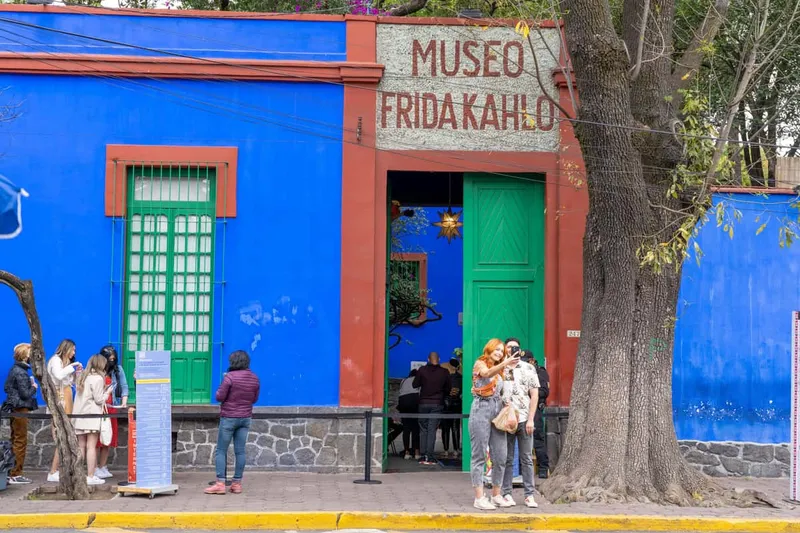 Cobalt-blue courtyard of Frida Kahlo's Casa Azul, one of the most visited museums in Mexico City, Coyoacan