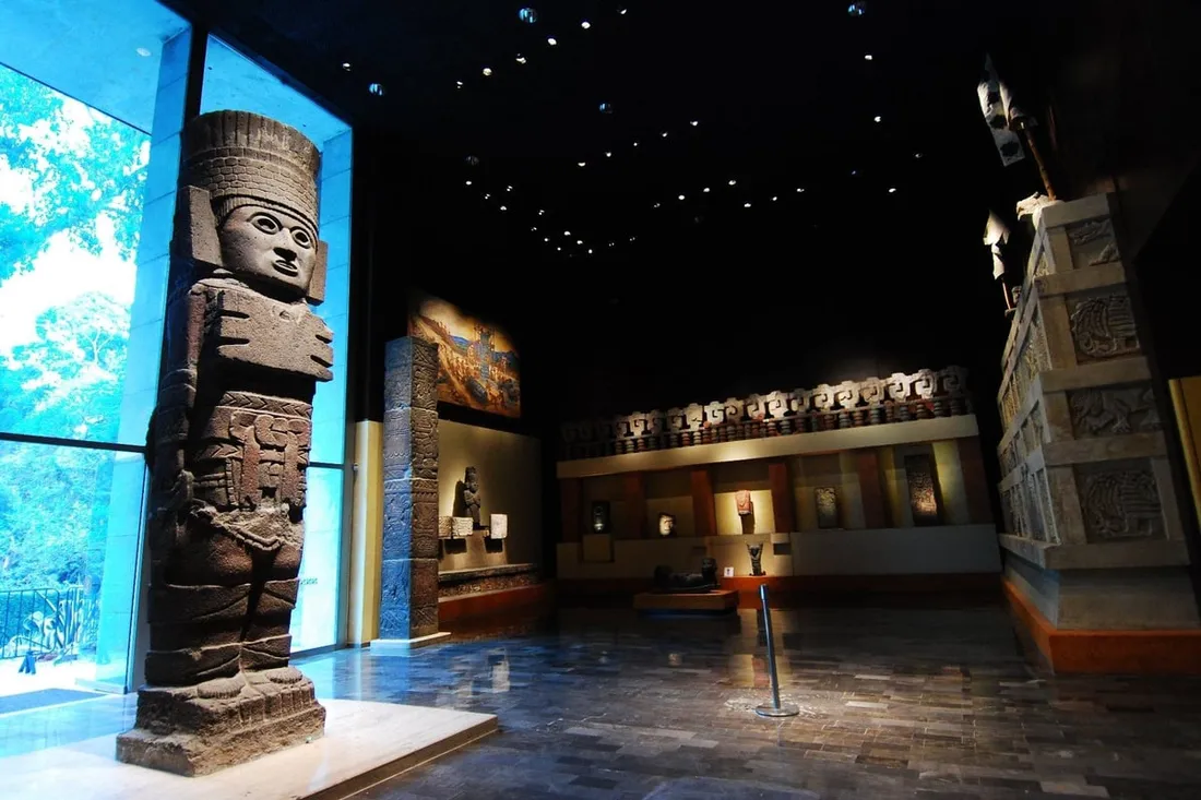 Toltec atlante statue and hall inside the National Museum of Anthropology, the top museum in Mexico City