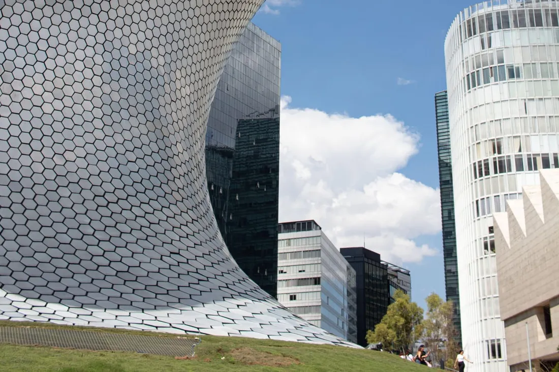 The mirrored silver facade of Museo Soumaya, a modern icon among museums in Mexico City, Polanco