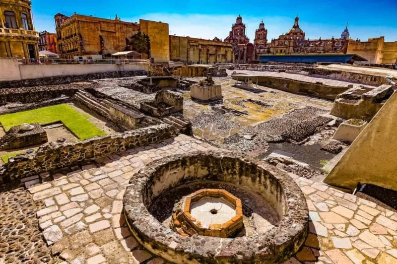 Excavated stone platforms of the Aztec Templo Mayor ruins, among the essential museums in Mexico City, Zocalo