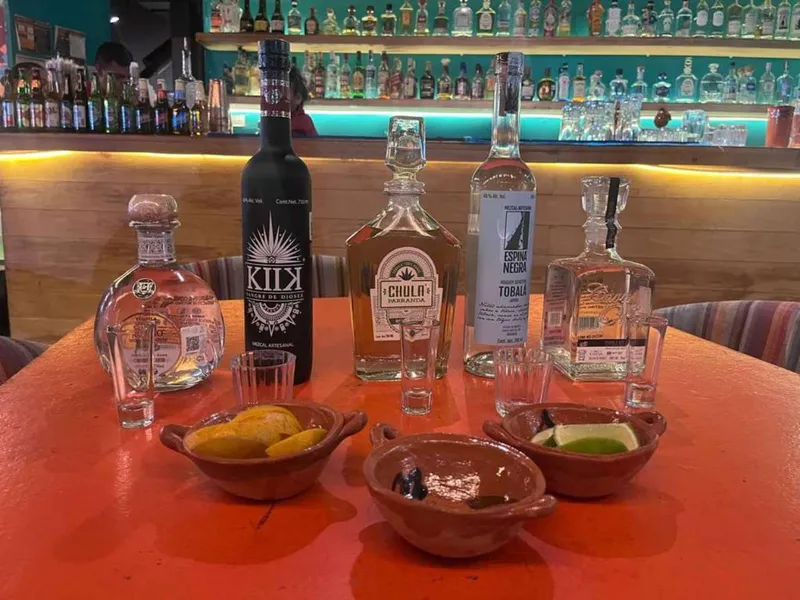 Rows of agave-spirit bottles and tasting glasses at the Tequila and Mezcal Museum, museums in Mexico City, Garibaldi