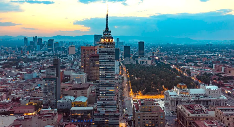 Panoramic view over the historic center from the Torre Latinoamericana deck, above the museums in Mexico City